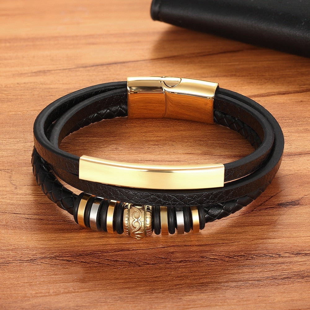 Fashion Promotion Multi-layer Metal Luxury Men's Leather Bracelet
