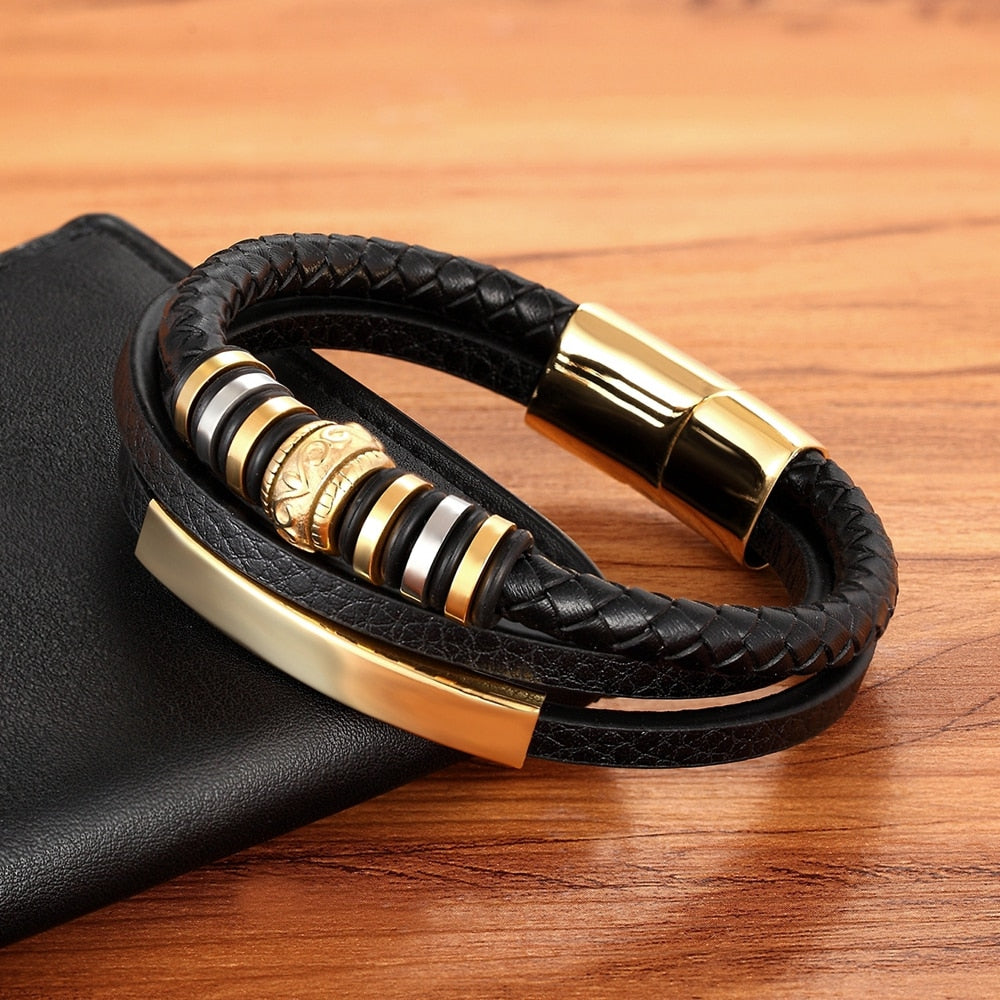 Fashion Promotion Multi-layer Metal Luxury Men's Leather Bracelet
