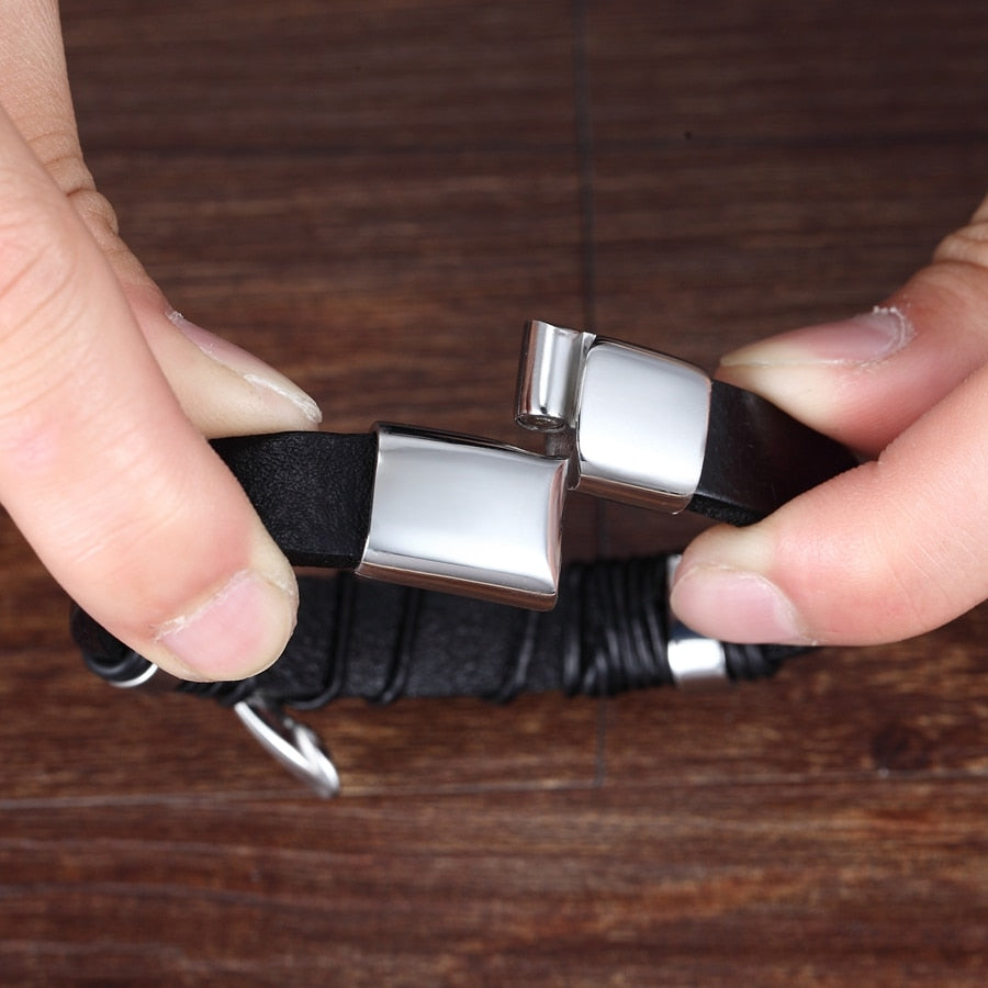 Fashion Promotion Multi-layer Metal Luxury Men's Leather Bracelet