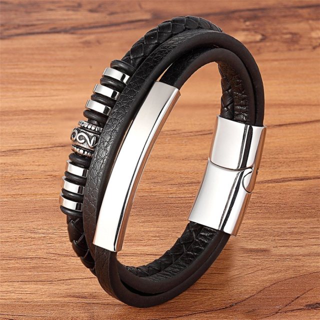 Fashion Promotion Multi-layer Metal Luxury Men's Leather Bracelet
