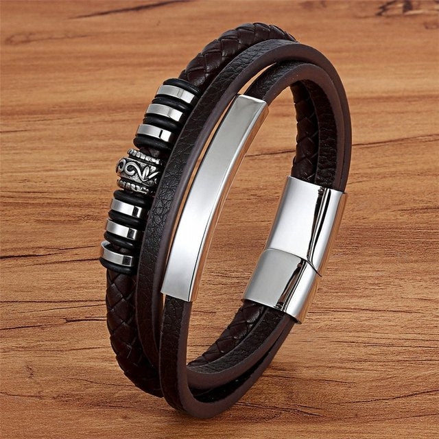 Fashion Promotion Multi-layer Metal Luxury Men's Leather Bracelet
