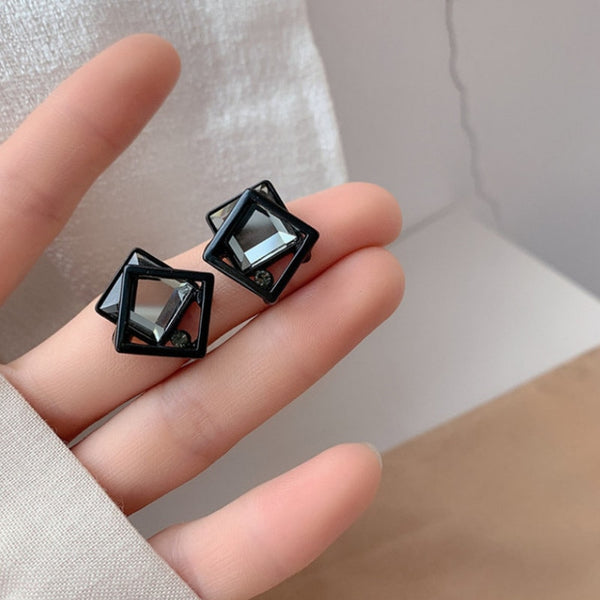 Black Crystal Metal Square Earrings