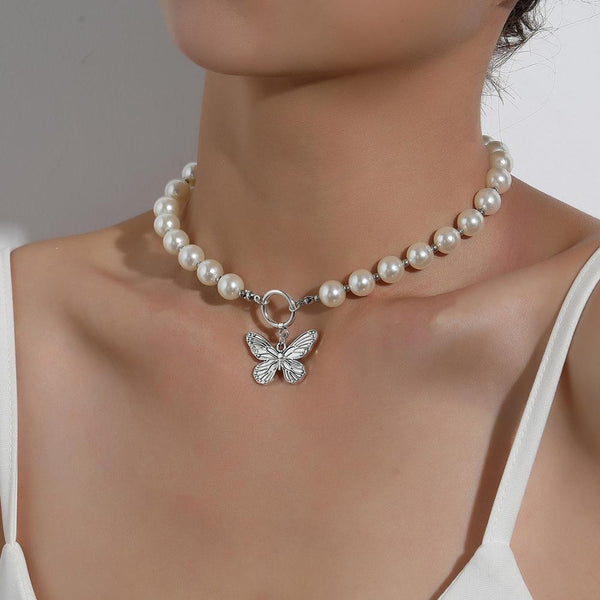 Antique Pearl Chain Necklace With Butterfly Pendant