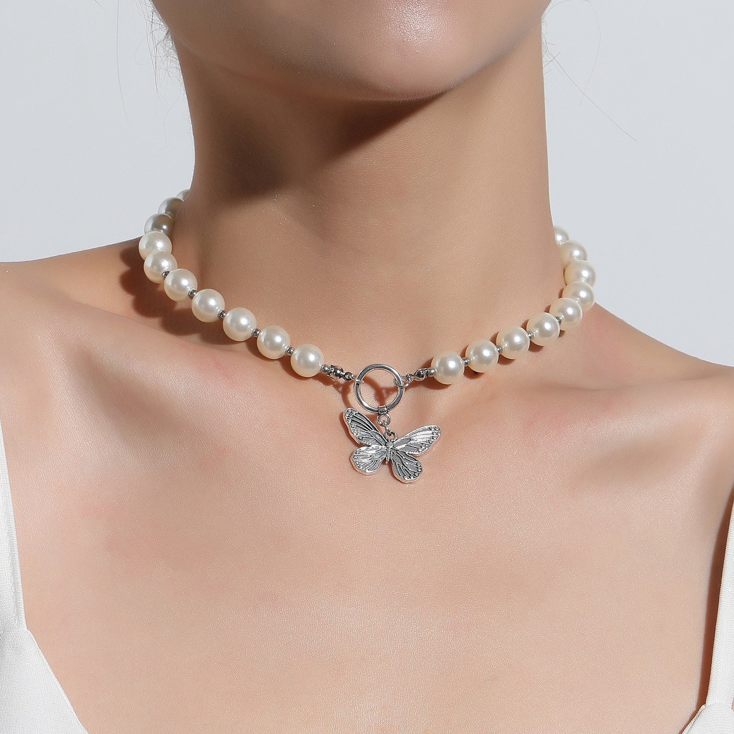 Antique Pearl Chain Necklace With Butterfly Pendant