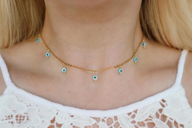 Baby Blue Evil Eye Beaded Choker Necklace
