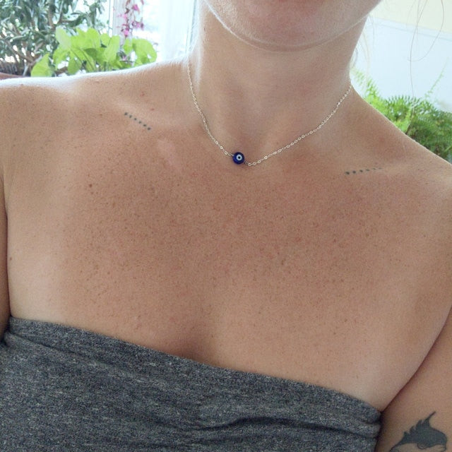 Baby Blue Evil Eye Beaded Choker Necklace