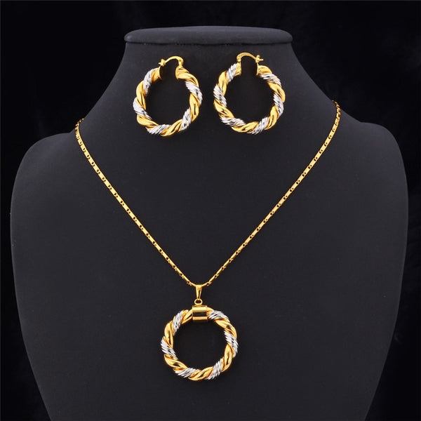 Gold Pendant Necklace & Big Round Twist Chunky Hoop Earrings Women Jewelry Sets