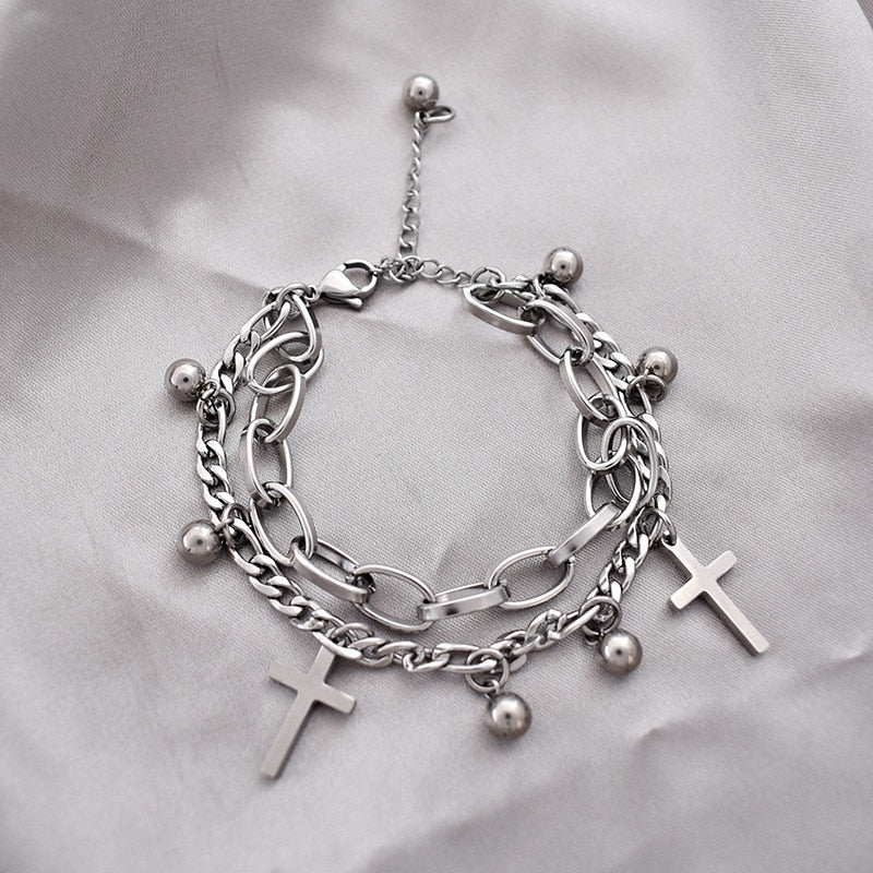 Gothic Hip Hop Metal Cross Pendant Charm Bracelet for Women