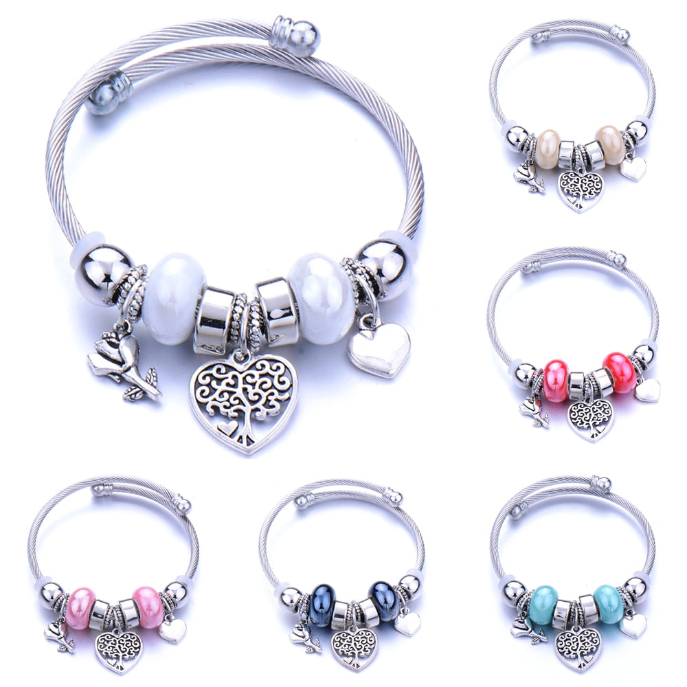 Classic Elastic Tree of life love shape metal beading Bracelet
