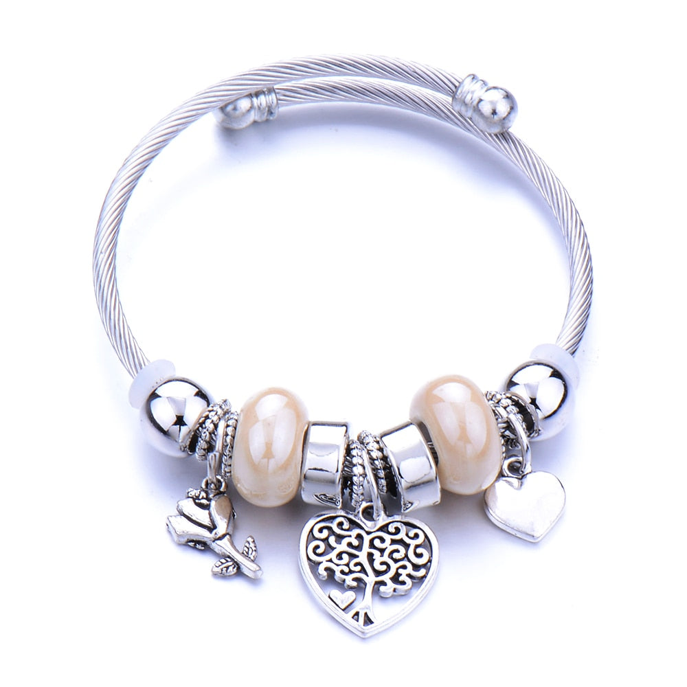 Classic Elastic Tree of life love shape metal beading Bracelet