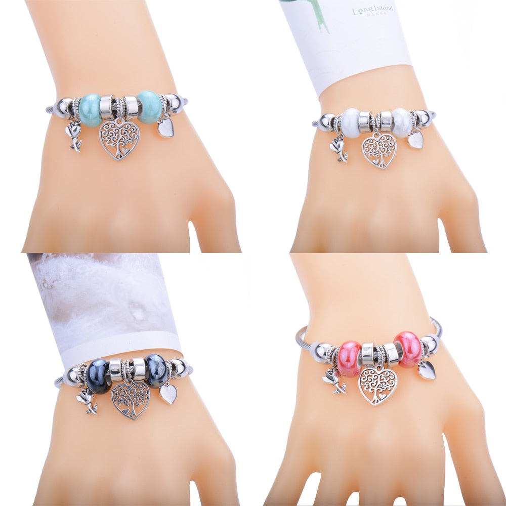 Classic Elastic Tree of life love shape metal beading Bracelet