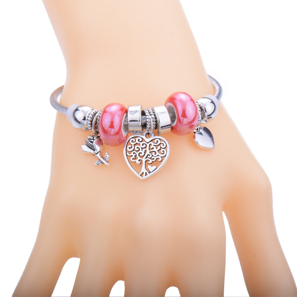 Classic Elastic Tree of life love shape metal beading Bracelet