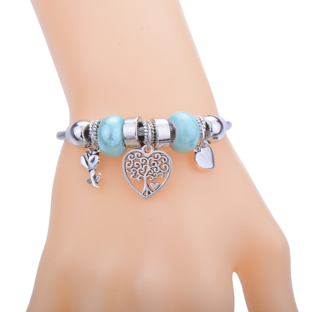 Classic Elastic Tree of life love shape metal beading Bracelet