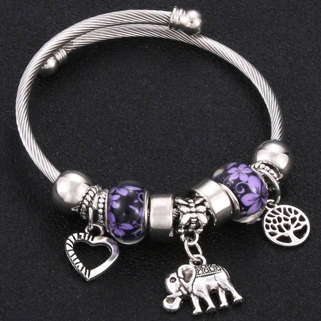 Classic Elastic Tree of life love shape metal beading Bracelet