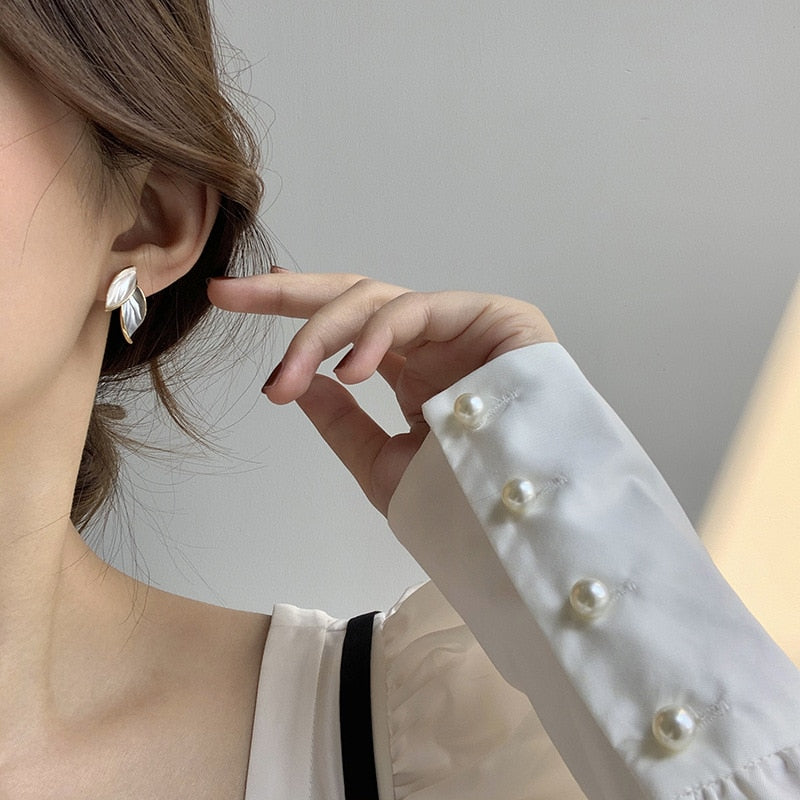 Metal Trendy Fresh Lovely Sweet Grey Leaf Stud Earrings For Women