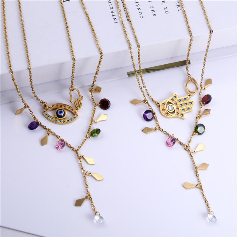 Stainless Steel  Evil Eyes Necklace Earrings Set