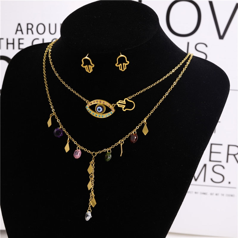 Stainless Steel  Evil Eyes Necklace Earrings Set