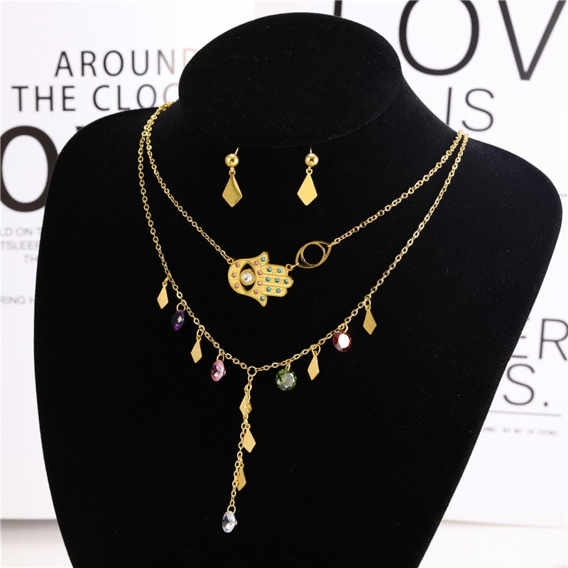 Stainless Steel  Evil Eyes Necklace Earrings Set