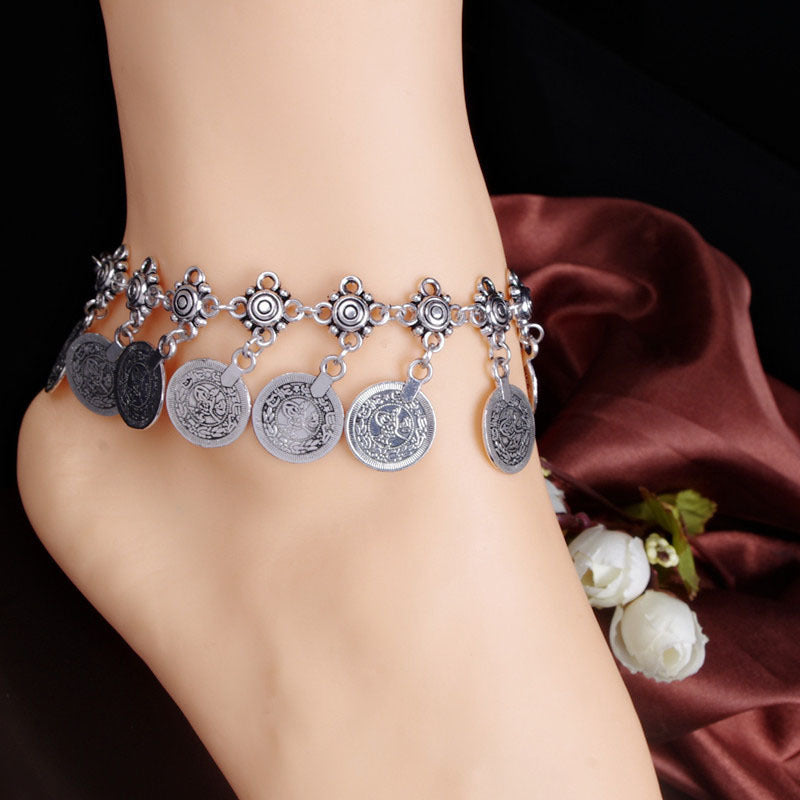Antique Silver Color tassel  Boho Gypsy Coin Ankle Bracelet