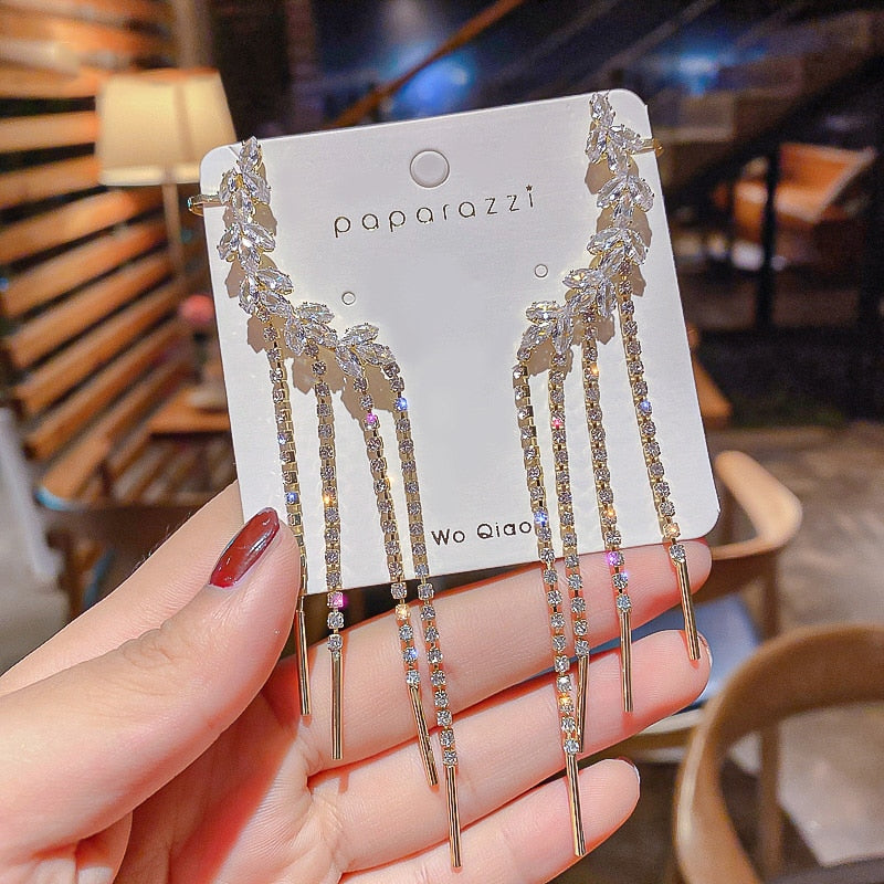 Women Exquisite Luxury Shiny Tassel Crystal Drop Earrings