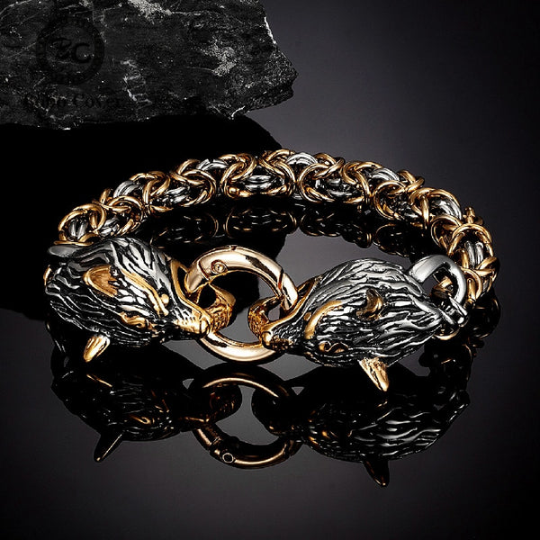 Pulseras vikingas punk con cabeza de lobo celta