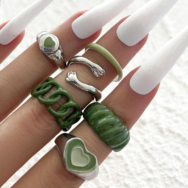 6-8 Pcs Cute Metal Gold Heart Rings Set