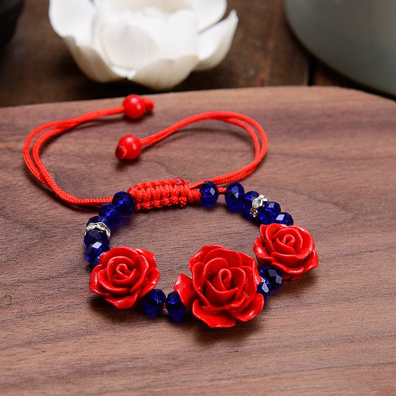 Ethnic Handicraft Lacquer Carved Cinnabar Rose Flower Bracelet For Women