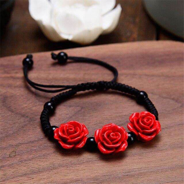 Ethnic Handicraft Lacquer Carved Cinnabar Rose Flower Bracelet For Women