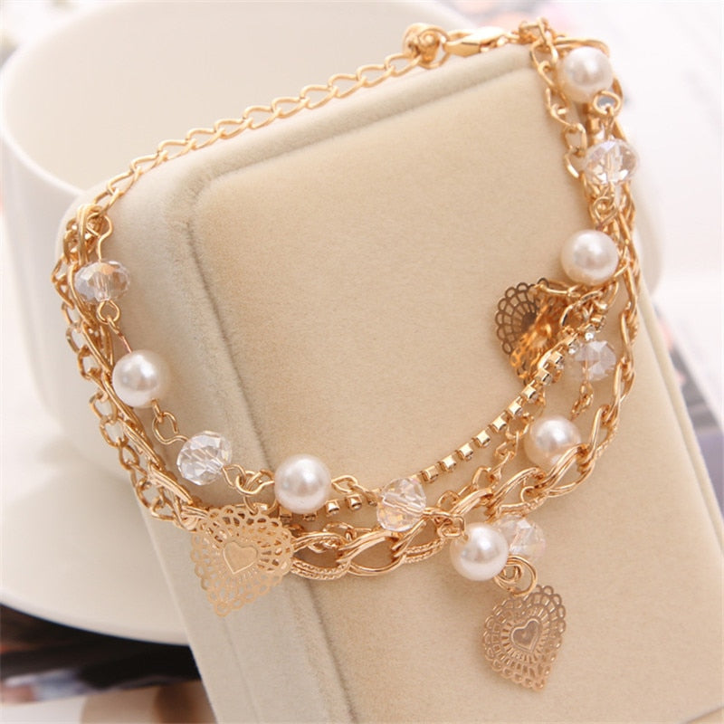 Mulitlayer Gold Color Chain Heart Bracelets & Bangles