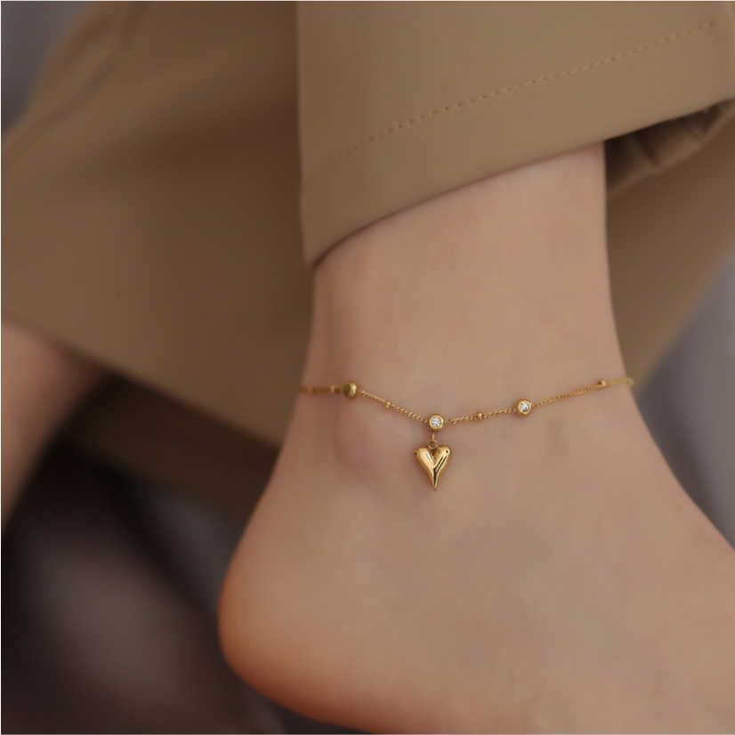 Embedded Zircon Love Heart Ankle Ornaments Charm Beaded Chain Anklet For Women