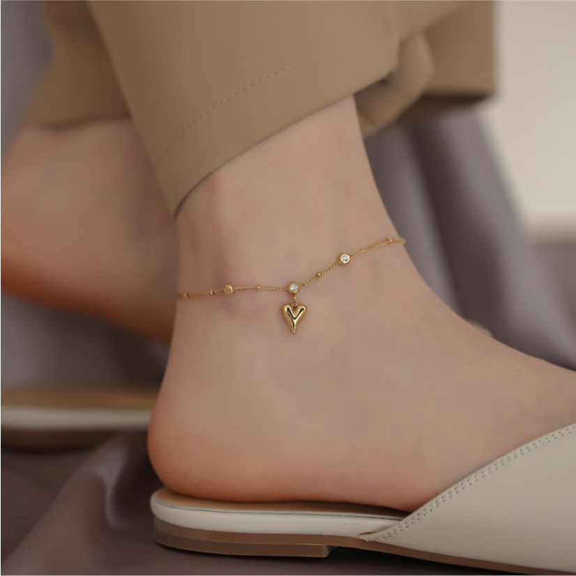 Embedded Zircon Love Heart Ankle Ornaments Charm Beaded Chain Anklet For Women