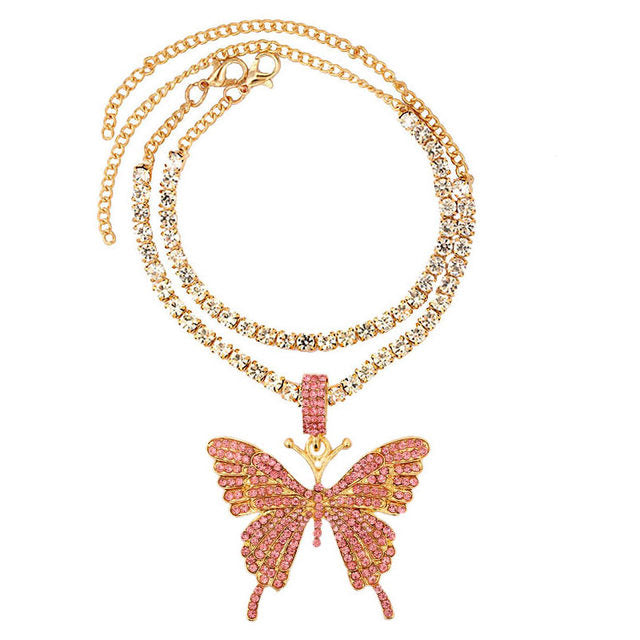 Iced Out Crystal Rhinestones Butterfly Pendants Anklet Chain For Women