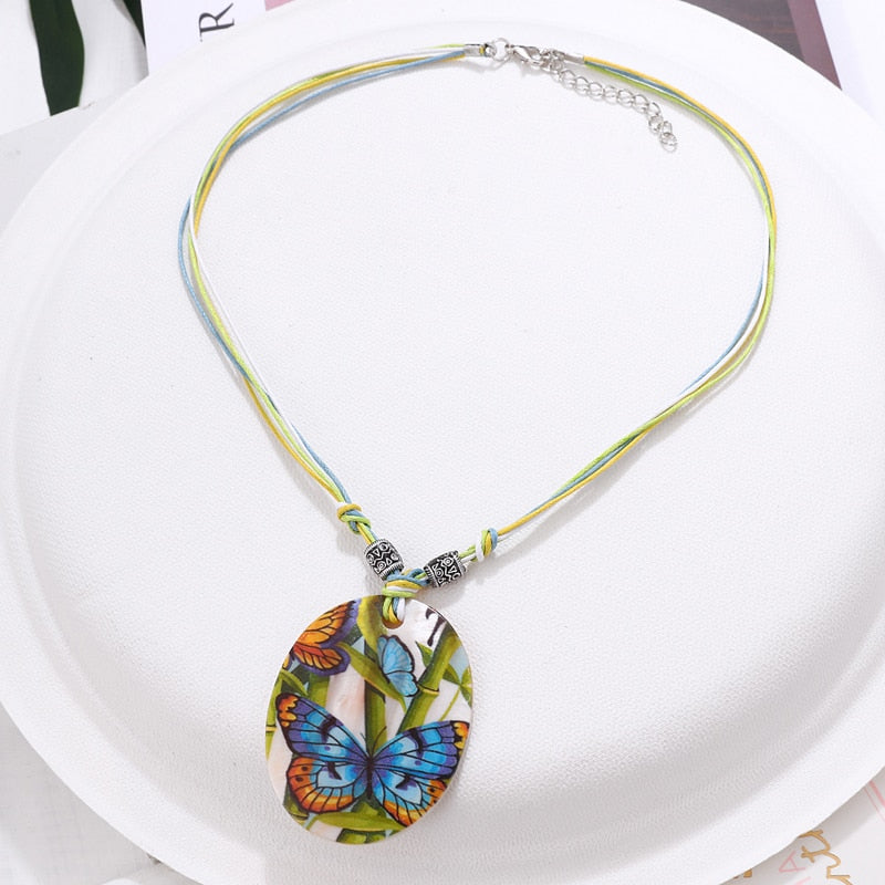 Leather Chain Enamel Shell Necklace Earrings Bracelet Jewelry Sets