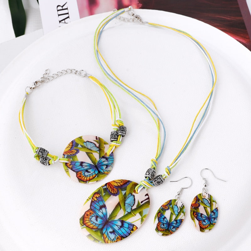 Leather Chain Enamel Shell Necklace Earrings Bracelet Jewelry Sets