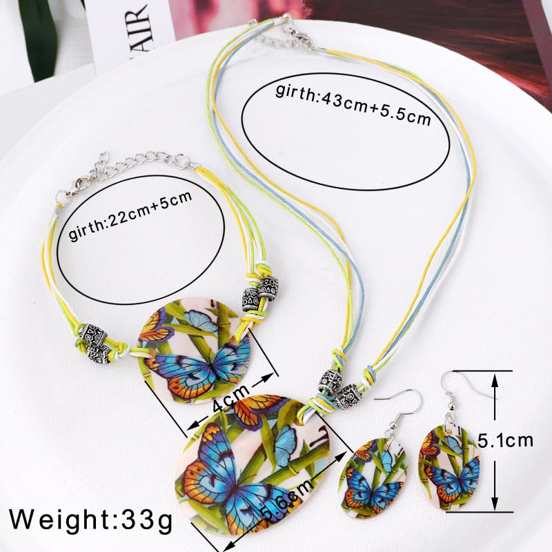 Leather Chain Enamel Shell Necklace Earrings Bracelet Jewelry Sets