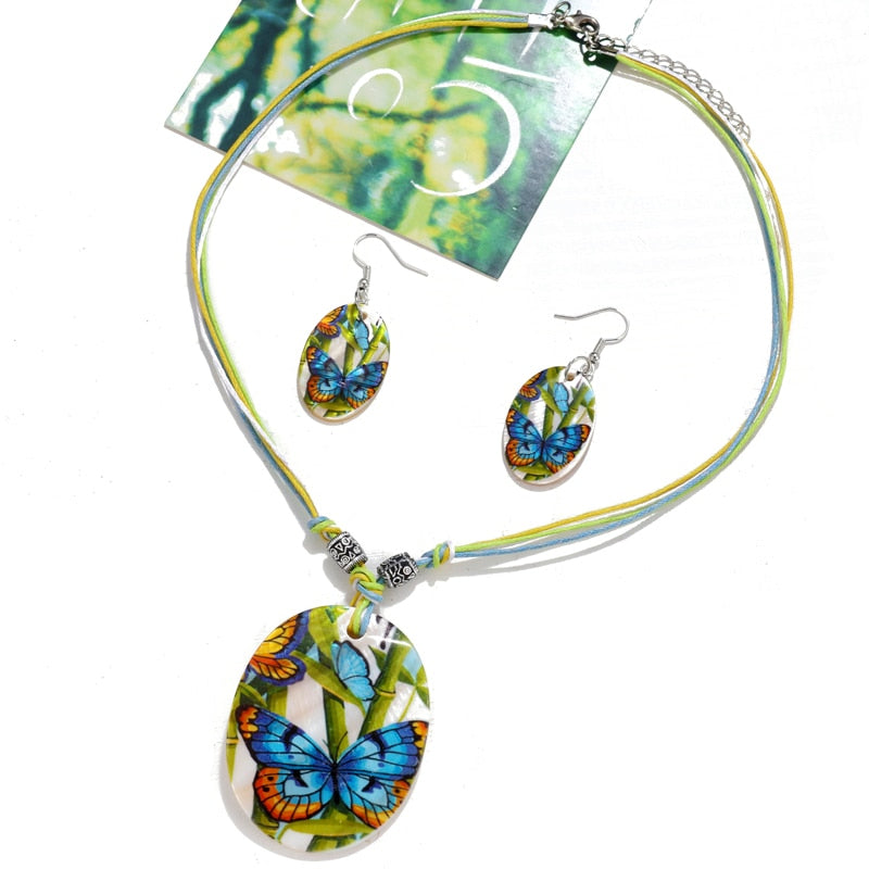 Leather Chain Enamel Shell Necklace Earrings Bracelet Jewelry Sets
