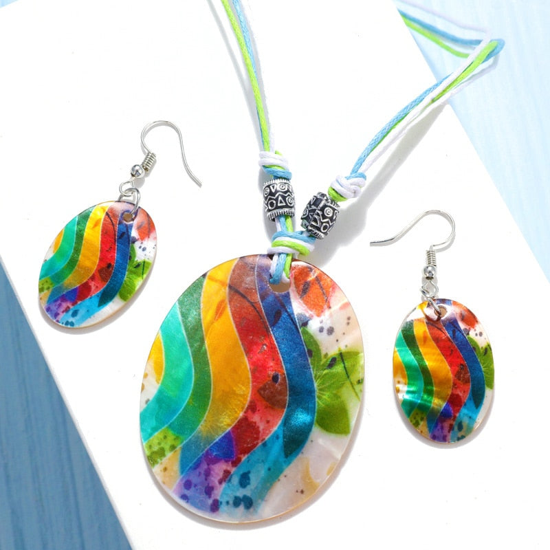 Leather Chain Enamel Shell Necklace Earrings Bracelet Jewelry Sets