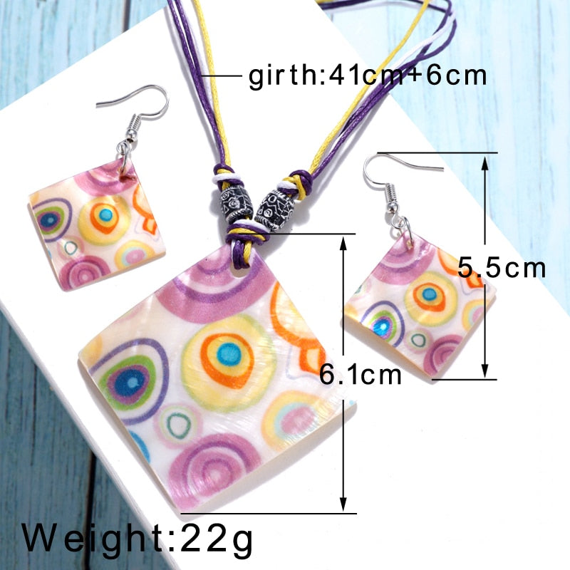 Leather Chain Enamel Shell Necklace Earrings Bracelet Jewelry Sets