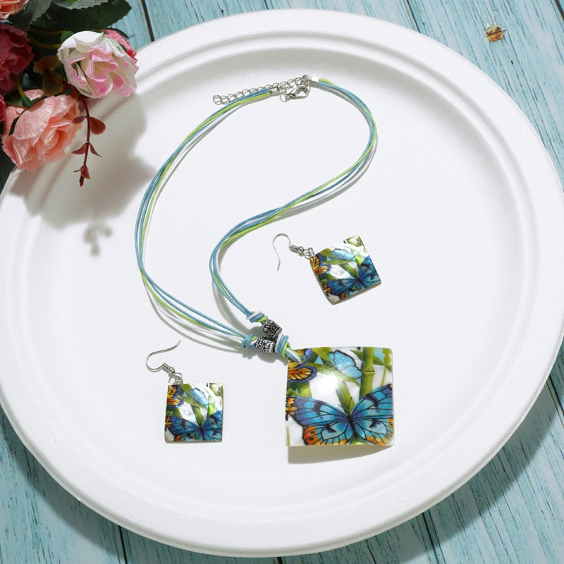 Leather Chain Enamel Shell Necklace Earrings Bracelet Jewelry Sets