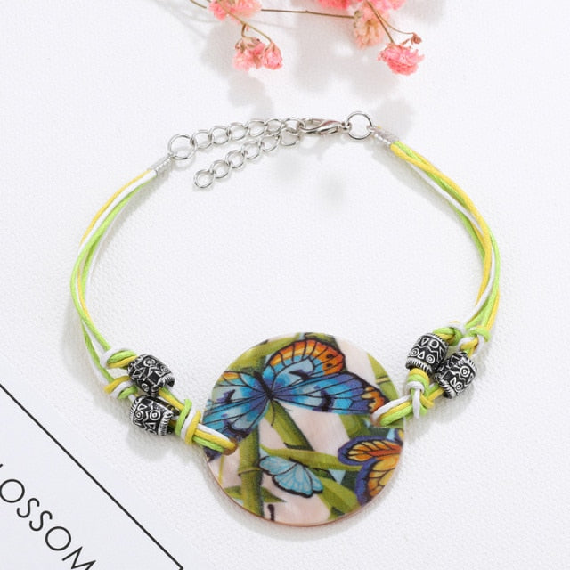 Leather Chain Enamel Shell Necklace Earrings Bracelet Jewelry Sets