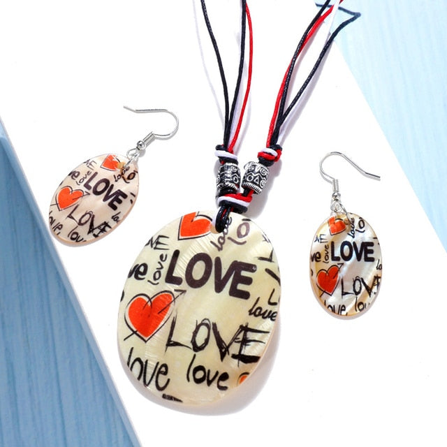 Leather Chain Enamel Shell Necklace Earrings Bracelet Jewelry Sets