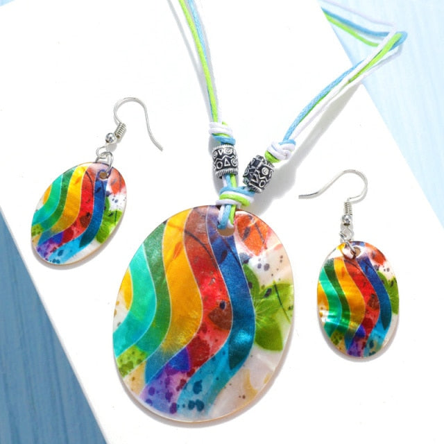 Leather Chain Enamel Shell Necklace Earrings Bracelet Jewelry Sets