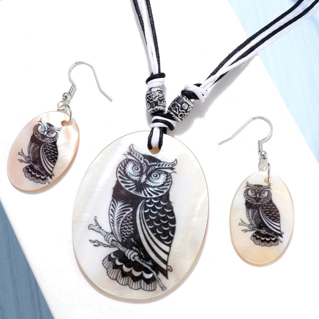 Leather Chain Enamel Shell Necklace Earrings Bracelet Jewelry Sets