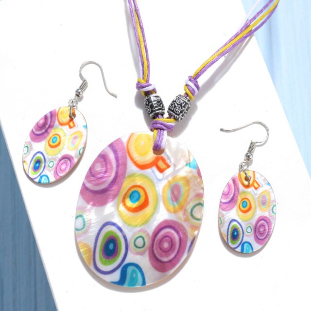 Leather Chain Enamel Shell Necklace Earrings Bracelet Jewelry Sets