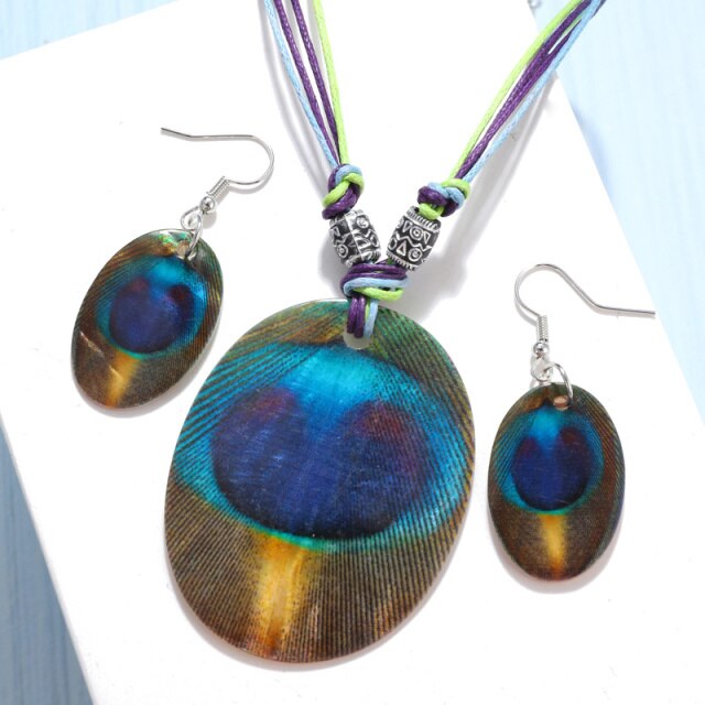 Leather Chain Enamel Shell Necklace Earrings Bracelet Jewelry Sets