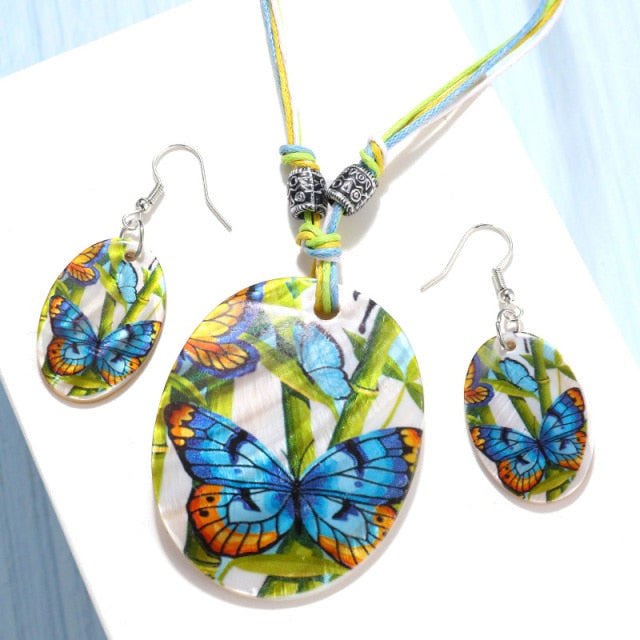 Leather Chain Enamel Shell Necklace Earrings Bracelet Jewelry Sets