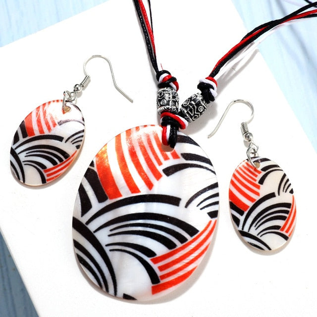 Leather Chain Enamel Shell Necklace Earrings Bracelet Jewelry Sets