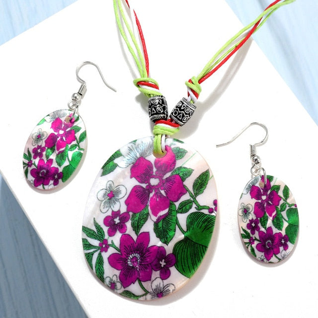 Leather Chain Enamel Shell Necklace Earrings Bracelet Jewelry Sets