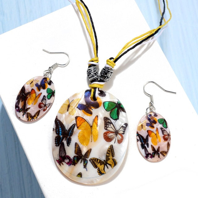 Leather Chain Enamel Shell Necklace Earrings Bracelet Jewelry Sets