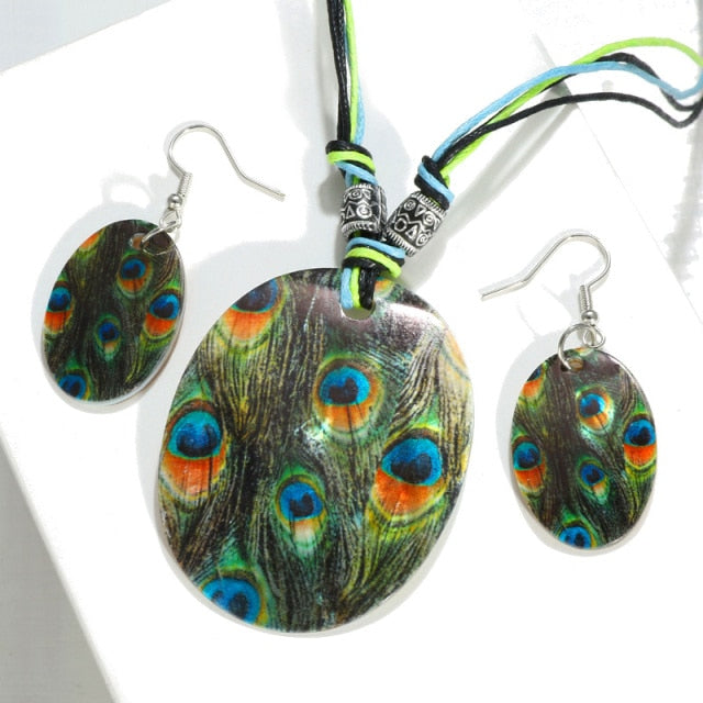 Leather Chain Enamel Shell Necklace Earrings Bracelet Jewelry Sets